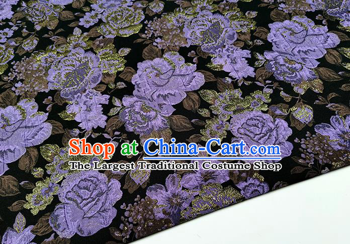 Chinese Classical Purple Roses Pattern Design Green Brocade Fabric Asian Traditional Hanfu Satin Material