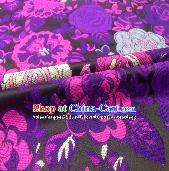 Chinese Classical Hibiscus Pattern Design Black Brocade Fabric Asian Traditional Hanfu Satin Material