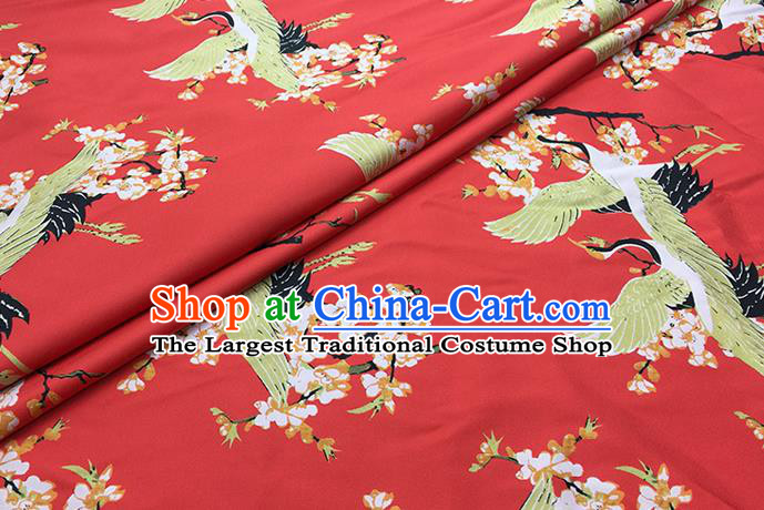 Chinese Classical Crane Plum Pattern Design Red Brocade Fabric Asian Traditional Hanfu Satin Material