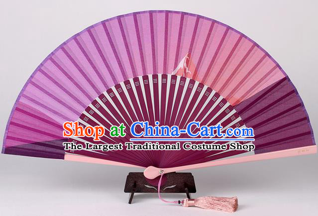 Traditional Chinese Handmade Purple Silk Folding Fan China Bamboo Fan Oriental Fan