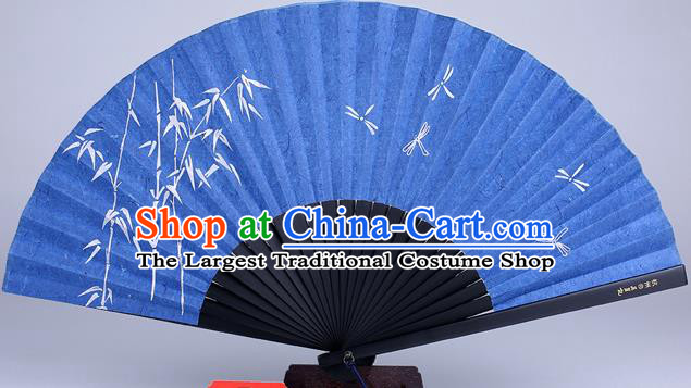 Traditional Chinese Handmade Printing Bamboo Dragonfly Blue Silk Folding Fan China Accordion Fan Oriental Fan