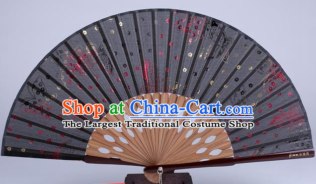 Traditional Chinese Handmade Printing Butterfly Black Silk Folding Fan China Accordion Fan Oriental Fan