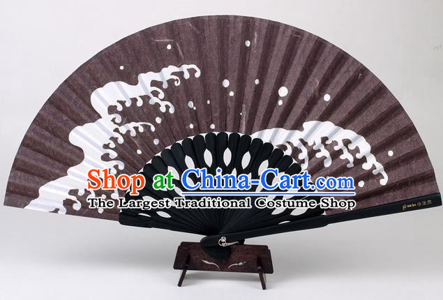 Traditional Chinese Handmade Printing Wave Brown Silk Folding Fan China Accordion Fan Oriental Fan