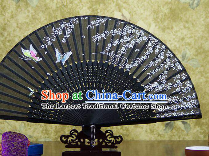 Traditional Chinese Printing Butterfly Black Silk Fan China Bamboo Accordion Folding Fan Oriental Fan