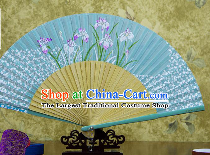 Traditional Chinese Printing Orchids Blue Silk Fan China Bamboo Accordion Folding Fan Oriental Fan