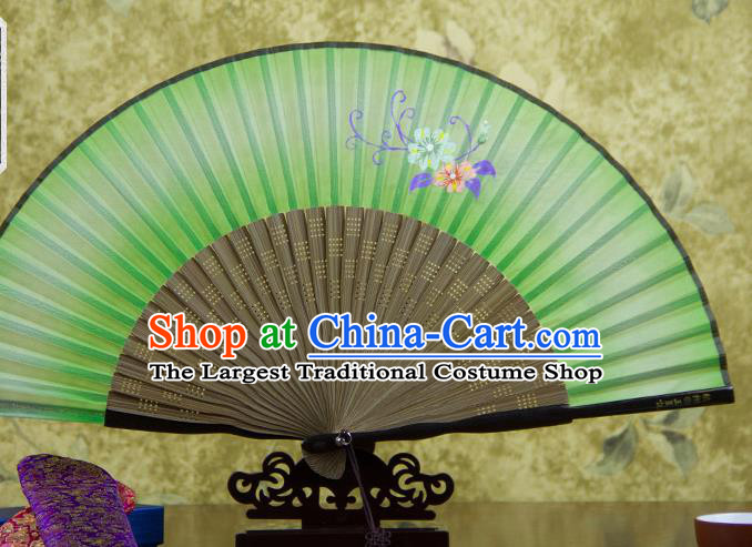 Traditional Chinese Printing Petunia Green Silk Fan China Bamboo Accordion Folding Fan Oriental Fan