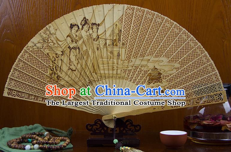 Traditional Chinese Hand Carving Beauty Diao Chan Sandalwood Fan China Wood Accordion Folding Fan Oriental Fan