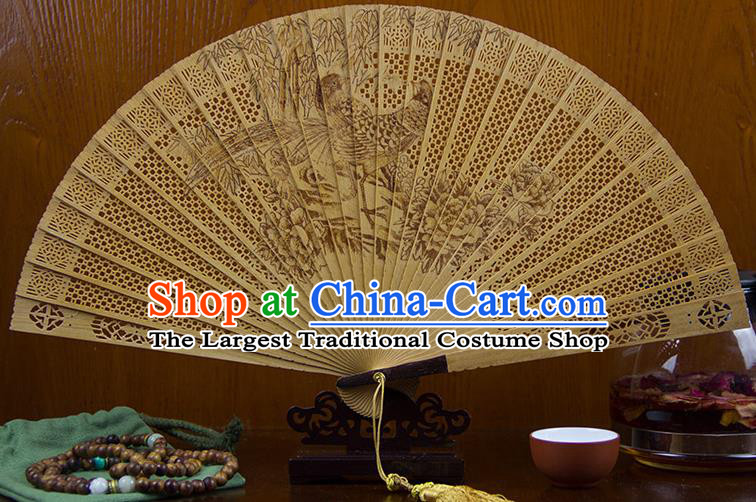 Traditional Chinese Hand Carving Peony Goddess Sandalwood Fan China Wood Accordion Folding Fan Oriental Fan