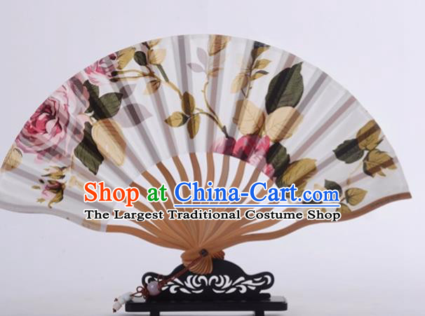 Traditional Chinese Printing Rose White Silk Fan China Bamboo Accordion Folding Fan Oriental Fan