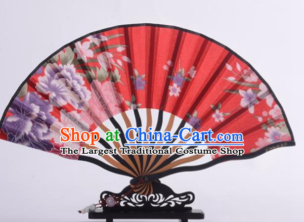 Traditional Chinese Printing Peony Orchid Red Silk Fan China Bamboo Accordion Folding Fan Oriental Fan