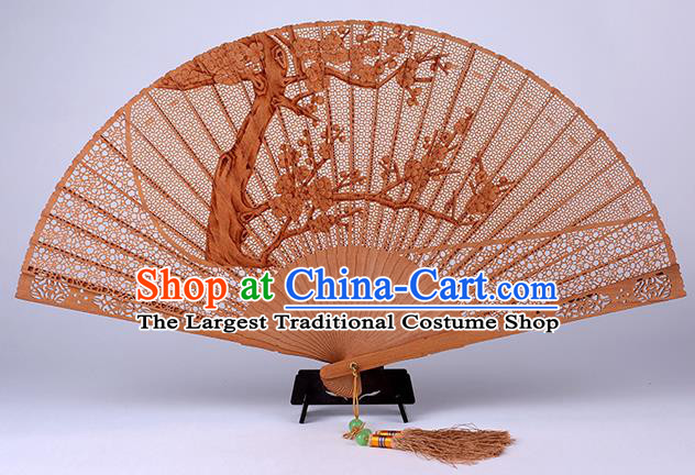 Traditional Chinese Handmade Carving Plum Blossom Sandalwood Folding Fan China Accordion Fan Oriental Fan