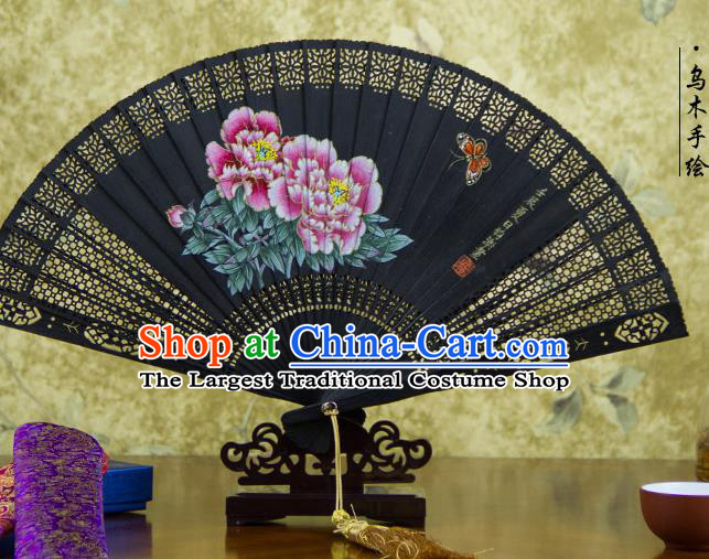 Traditional Chinese Hand Painting Peony Ebony Fan China Accordion Folding Fan Oriental Fan