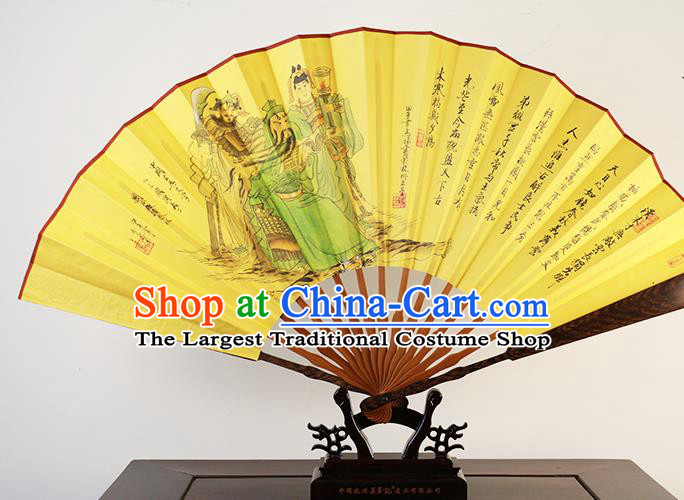 Traditional Chinese Hand Painting Guan Yu Yellow Silk Fan China Accordion Folding Fan Oriental Fan