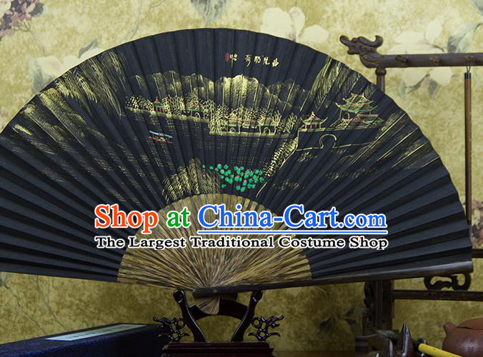 Traditional Chinese Hand Painting Lotus Pond Mulberry Paper Fan China Accordion Folding Fan Oriental Fan