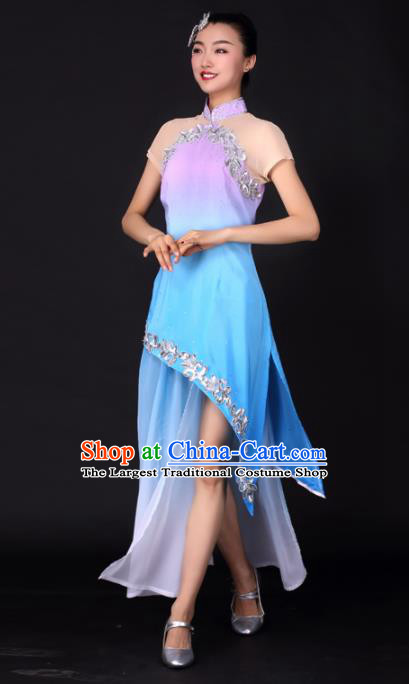 Chinese Traditional Classical Dance Blue Qipao Dress China Umbrella Dance Stage Performance Costume for Women