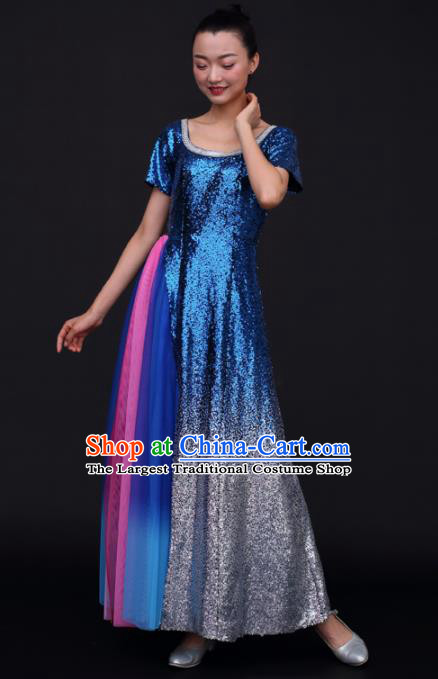 Chinese Traditional Opening Dance Chorus Royalblue Sequins Dress China Modern Dance Stage Performance Costume for Women