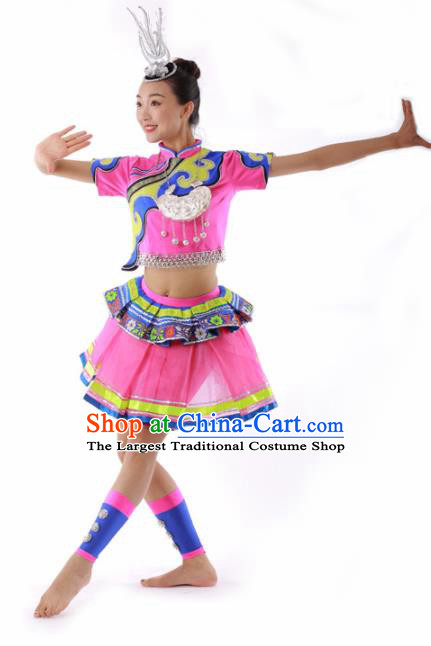 Chinese Miao Ethnic Dance Pink Short Dress Traditional Hmong Nationality Stage Performance Costume for Women