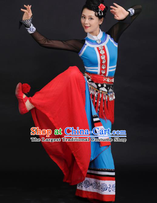 Chinese Tujia Ethnic Dance Blue Dress Traditional Yi Nationality Stage Performance Costume for Women