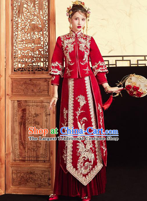 Chinese Traditional Embroidered Phoenix Red Xiuhe Suits Wedding Dress Ancient Bride Costume for Women