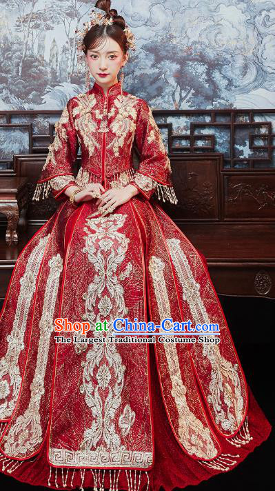 Chinese Traditional Embroidered Wine Red Xiuhe Suits Wedding Dress Ancient Bride Costume for Women