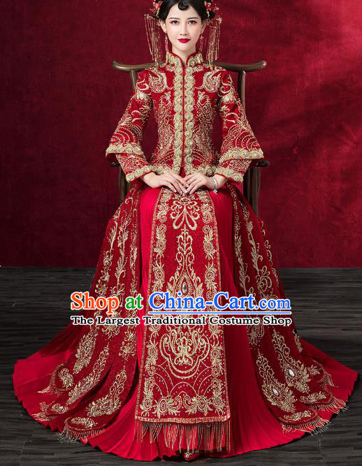 Chinese Traditional Embroidered Red Xiuhe Suits Wedding Dress Ancient Bride Costume for Women