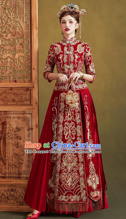 Chinese Traditional Embroidered Diamante Red Xiuhe Suits Wedding Dress Ancient Bride Costume for Women