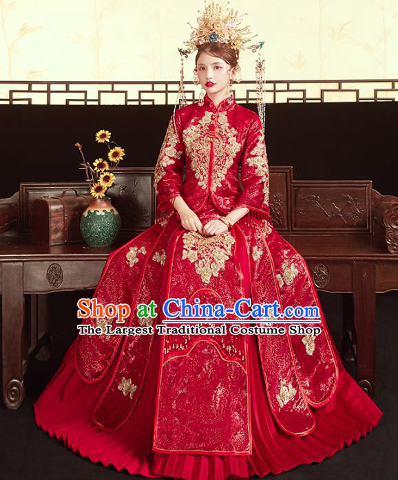 Chinese Traditional Embroidered Red Paillette Xiuhe Suits Wedding Dress Ancient Bride Costume for Women