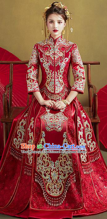 Chinese Traditional Embroidered Diamante Tassel Xiuhe Suits Wedding Dress Ancient Bride Costume for Women