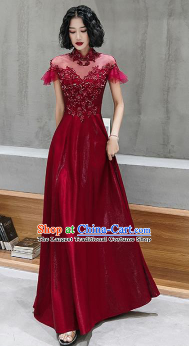 Professional Modern Dance Bride Embroidered Wine Red Dress Compere Stage Performance Costume for Women