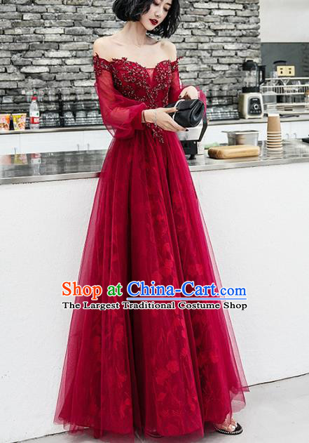 Professional Modern Dance Bride Wine Red Off Shoulder Full Dress Compere Stage Performance Costume for Women