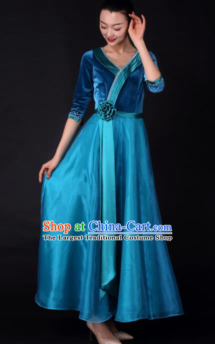 Professional Chorus Modern Dance Blue Velvet Dress Opening Dance Stage Performance Costume for Women