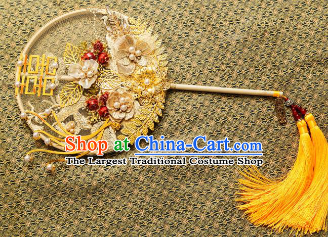 Chinese Traditional Hanfu Embroidered Flowers Yellow Palace Fans Classical Wedding Round Fan for Women