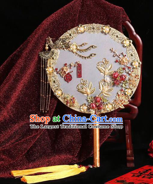 Chinese Traditional Handmade Hanfu Golden Phoenix Palace Fans Classical Wedding Round Fan for Women