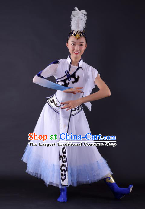 Chinese Traditional Mongolian Dance White Dress China Mongol Nationality Stage Performance Costume for Women