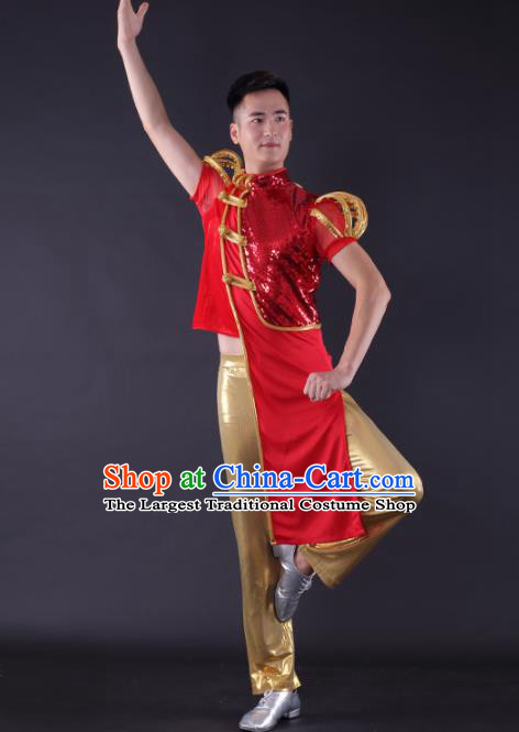 Chinese Traditional Male Dance Red Clothing China Folk Dance Stage Performance Costume for Men