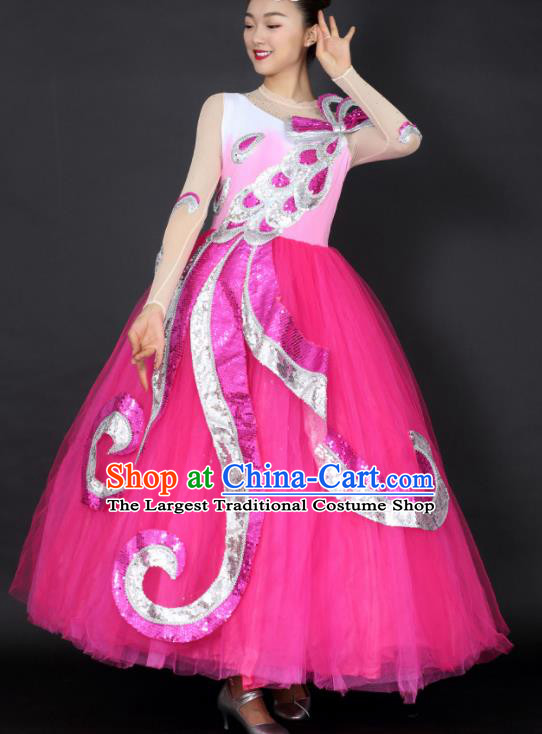 Professional Compere Modern Dance Rosy Dress Opening Dance Stage Performance Costume for Women