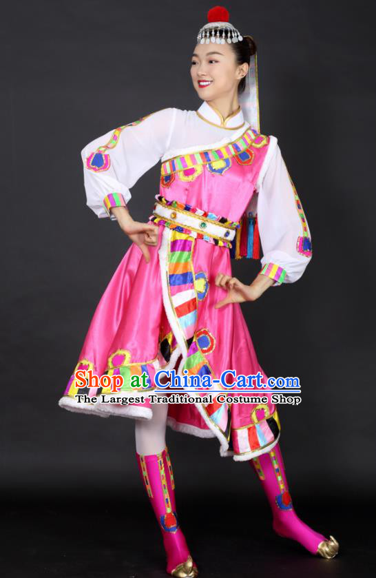 Chinese Tibetan Dance Pink Dress Traditional Zang Nationality Stage Performance Costume for Women