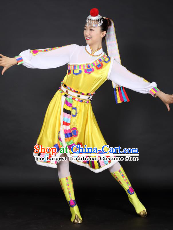 Chinese Tibetan Dance Yellow Dress Traditional Zang Nationality Stage Performance Costume for Women