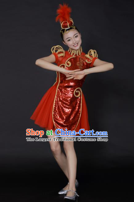 Professional Modern Dance Red Sequins Short Dress Opening Dance Stage Performance Costume for Women