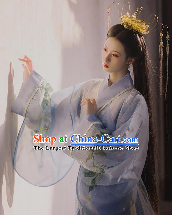 Chinese Traditional Han Dynasty Royal Princess Historical Costume Ancient Goddess Blue Hanfu Dress for Women