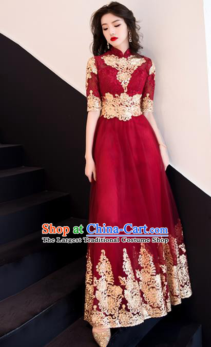 Professional Bride Wine Red Full Dress Compere Stage Performance Costume for Women