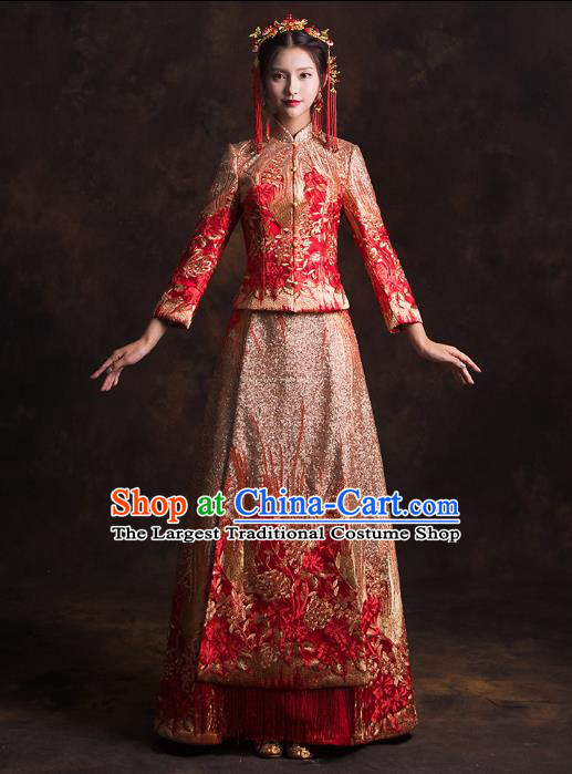 Chinese Traditional Embroidered Red Diamante Xiuhe Suits Wedding Bride Dress Ancient Costume for Women