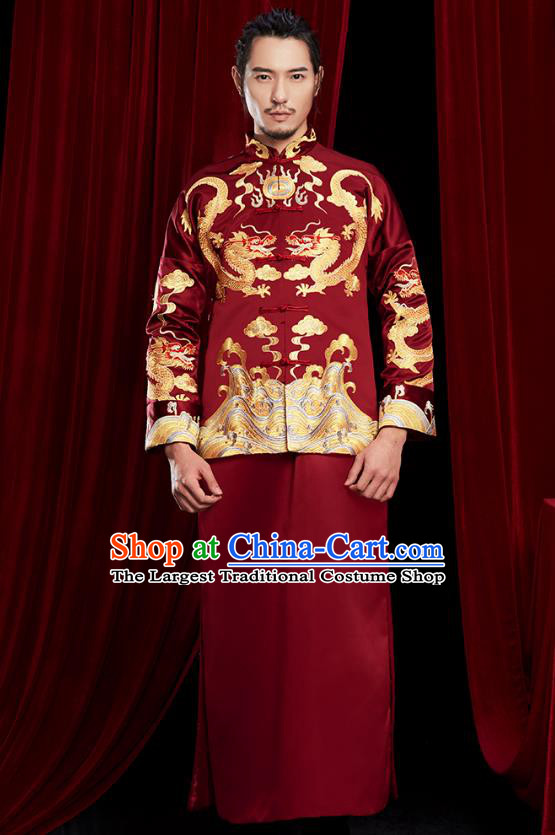 Chinese Traditional Embroidered Dark Red Mandarin Jacket and Robe Wedding Tang Suit Ancient Bridegroom Costume for Men