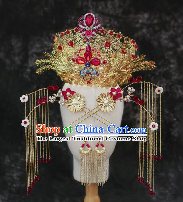 Chinese Traditional Wedding Red Crystal Phoenix Coronet and Tassel Hairpins Hair Accessories for Women