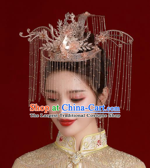 Chinese Traditional Wedding Bride Golden Phoenix Coronet Tassel Hairpins Hair Accessories for Women