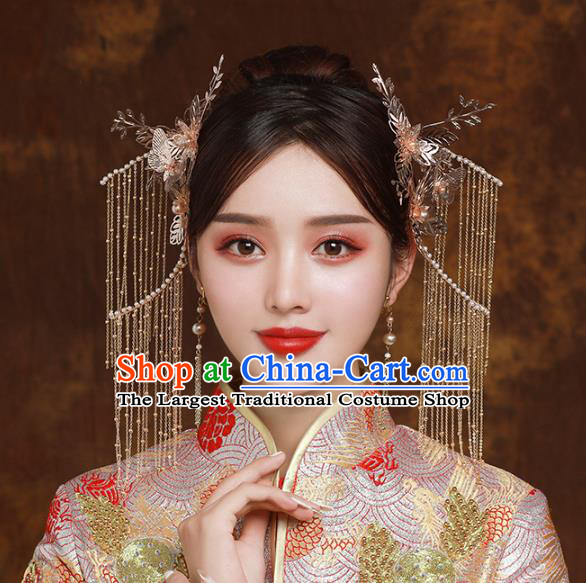 Chinese Traditional Wedding Bride Golden Hair Claws and Tassel Hairpins Hair Accessories for Women