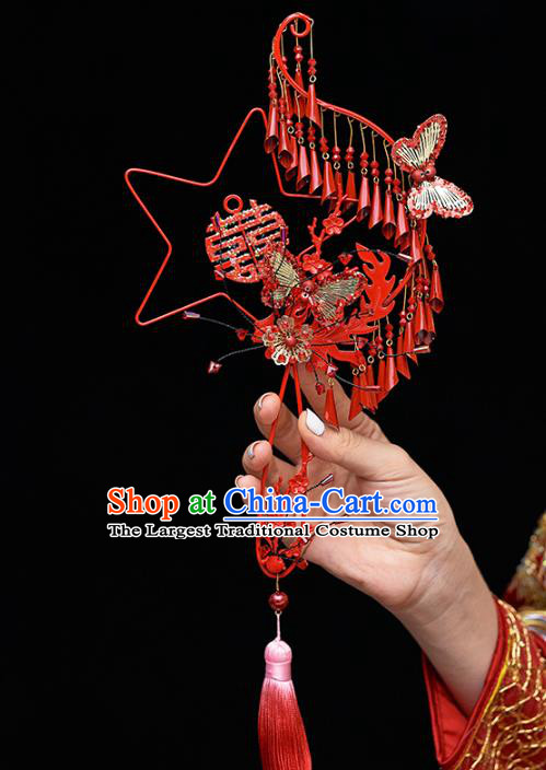 Chinese Traditional Red Tassel Palace Fans Handmade Classical Hanfu Wedding Fan for Women