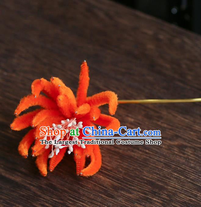 Chinese Traditional Hanfu Orange Velvet Chrysanthemum Hairpins Ancient Qing Dynasty Hair Accessories for Women