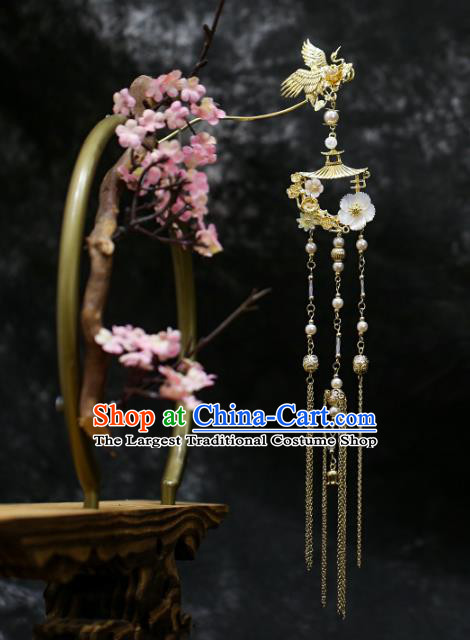 Chinese Traditional Hanfu Golden Crane Tassel Hairpin Ancient Hair Accessories for Women