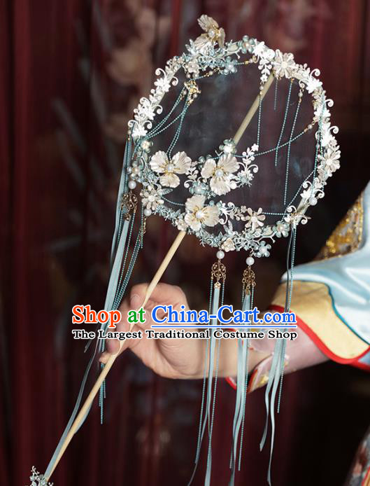 Chinese Traditional Blue Ribbon Palace Fans Handmade Classical Hanfu Wedding Silk Round Fan for Women